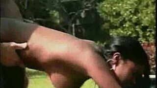 Buxom black bitch takes a big white dick - porn video