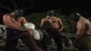 blonde whore on three huge masked cocks - porn video